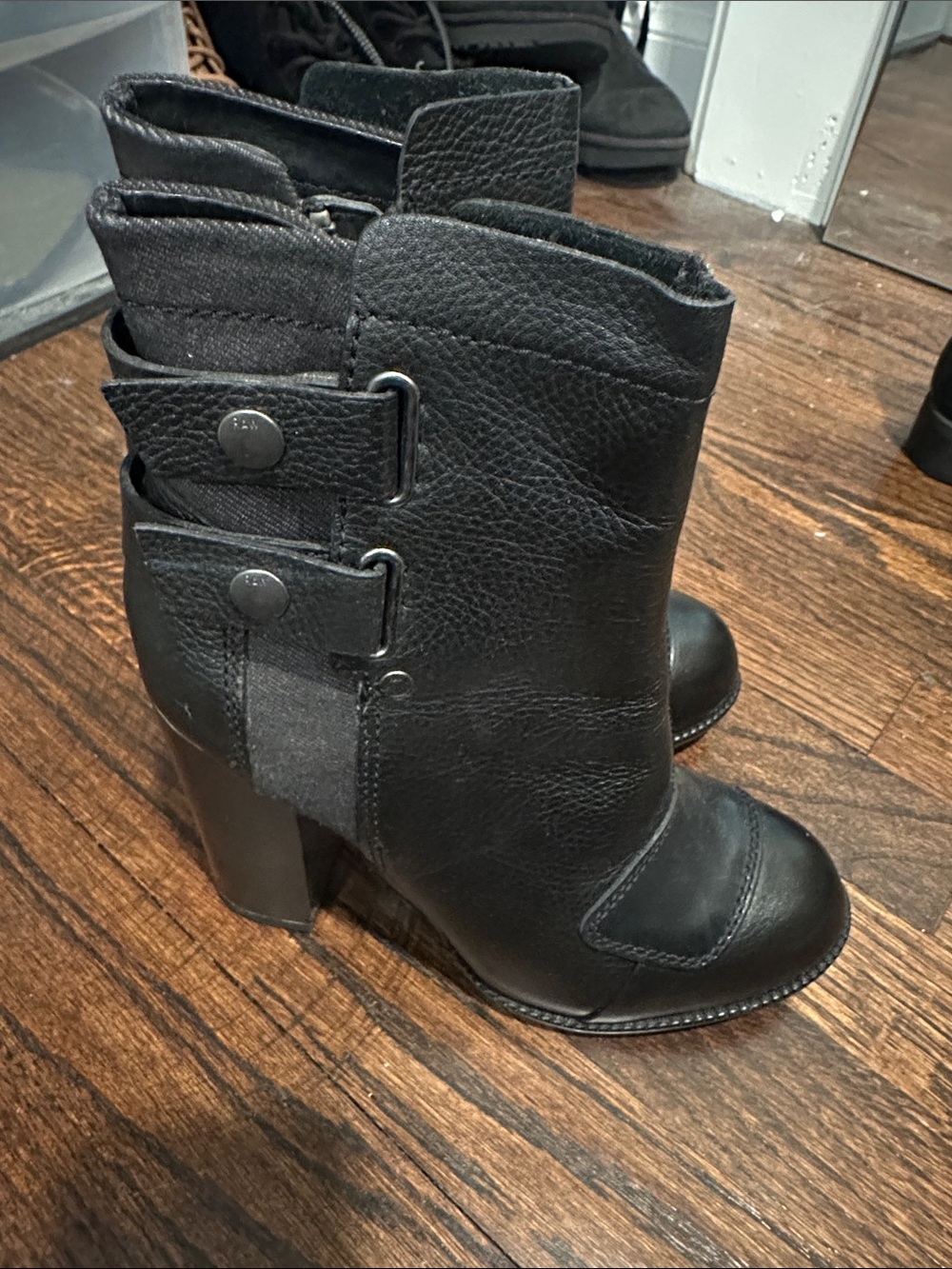 G star raw Black Leather Block Heel Ankle Boots with Double Strap